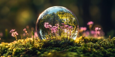 Eco-Conscious Future Vision Miniature Forest Biosphere in Crystal Glass Globe - Climate Resilience and Environmental Education Imagery for Global Sustainability Campaigns