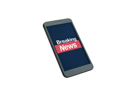 Smartphone displaying breaking news alert isolated on transparent background