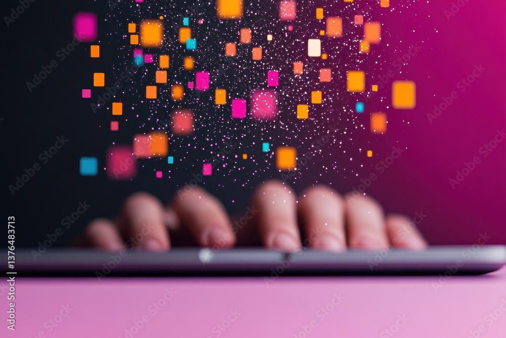 Poster Digital Flux Immersive Data Visualization of Creative Tech Workflow with Vibrant Pixel Particle Dynamics - Innovative UX Design and Interactive Media Experience