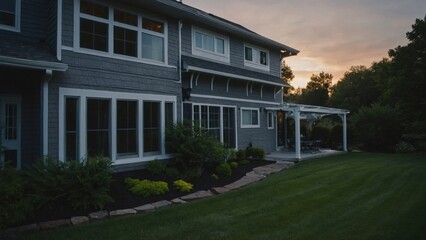 Modern Residential House Exterior at Dusk with Elegant Landscaping and a Covered Patio Area