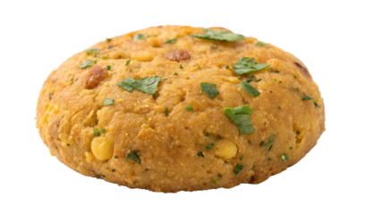 A single lentil fritter (dal bora), golden and crispy, textured surface, isolated on white background.