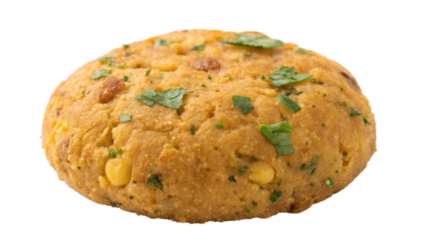 A single lentil fritter (dal bora), golden and crispy, textured surface, isolated on white background.