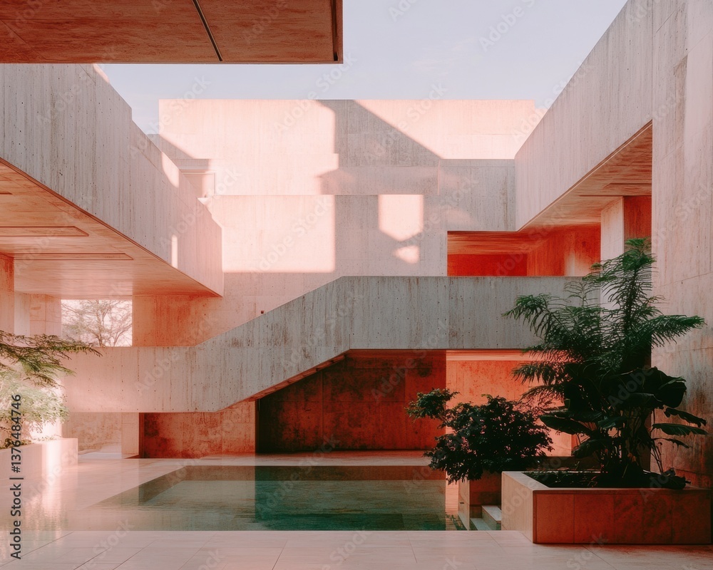 Poster Brutalist Botanical Sanctuary Minimalist Concrete Architecture Redefining Spatial Harmony with Biophilic Design - Immersive Wellness and Architectural Innovation