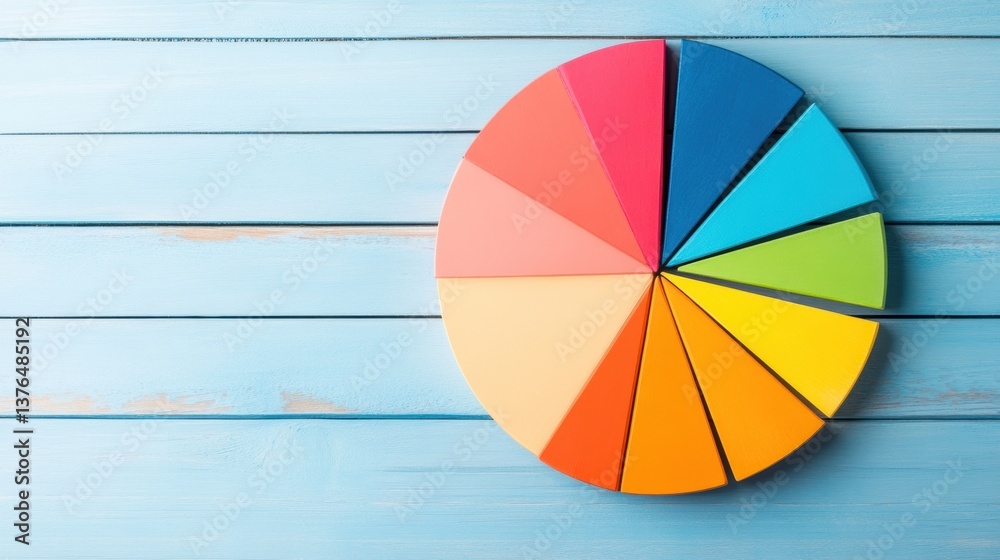 Poster vibrant investment strategy visualization minimalist pie chart on blue wood backdrop - financial pla