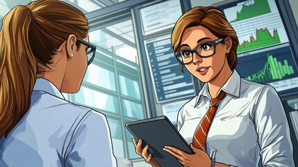 A female business consultant discusses with a client, holding a report and taking notes on a tablet in a sleek, minimalistic office.