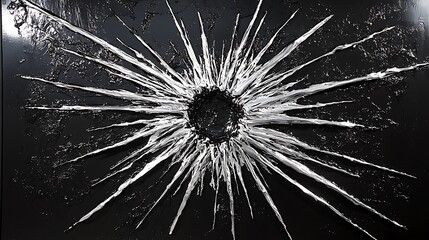 Obraz premium A black and white photo of a shattered window with a silver