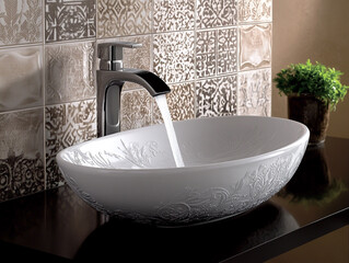 "Elegant oval white ceramic sink on black counter, with beige and brown tile walls and silver faucet"