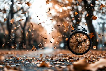 Autumn Leaves Falling Around Vintage Clock in Park