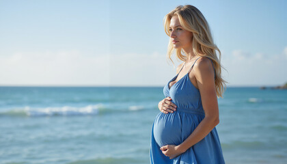 Pregnant woman enjoying the beach against a sunny ocean background  