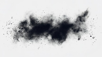 A cloud of dark particles suspended in air against a white background view
