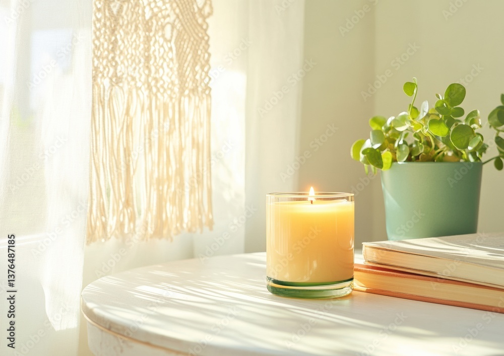 Poster serene boho workspace soft illumination and natural wellness - minimalist home office styling for mi
