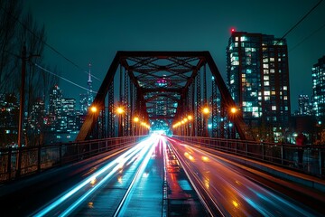 Fototapeta premium A scenic nighttime view of an illuminated bridge and city