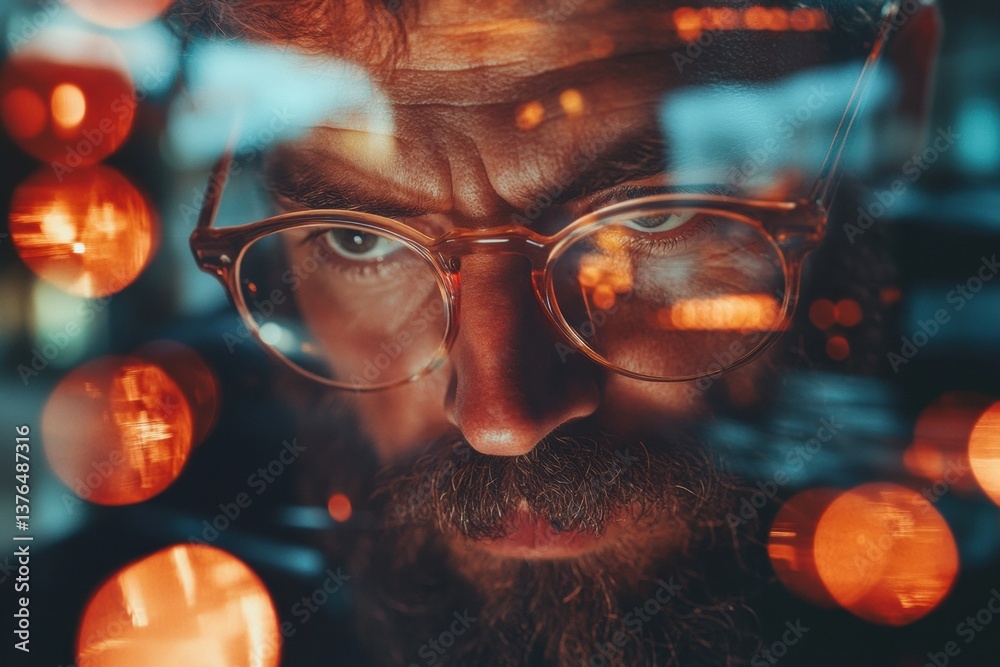 Poster cinematic tech insight immersive professional portrait of digital strategist in moody low-light envi