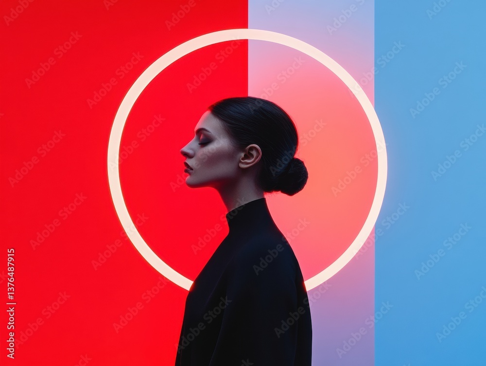 Poster minimalist modern portrait geometric color block profile with luminous circular gradient - contempor