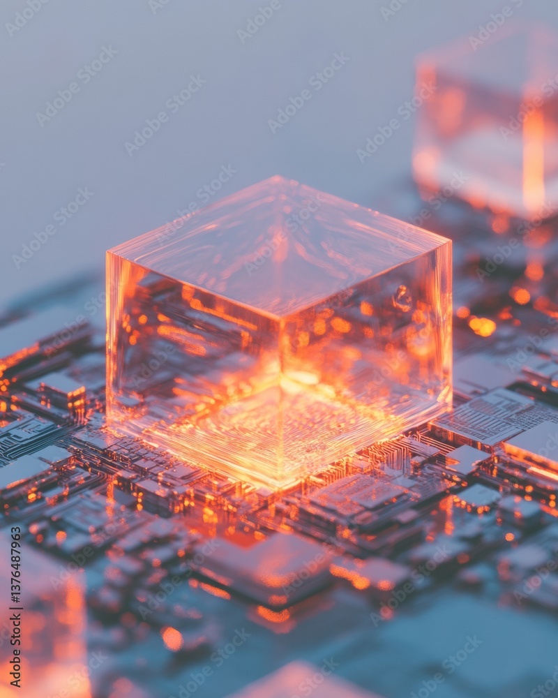 Poster Luminous Tech Fusion Translucent Quantum Computing Cube Illuminating Next-Gen Digital Innovation with Ethereal Computational Aesthetics