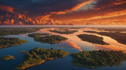 Aerial view of serene rivers and islands during sunset  