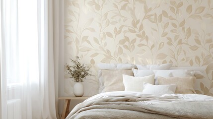 A bedroom with a white wall and a white bed with pillows