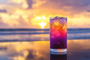 Tropical Sunset Cocktail: A vibrantly colored cocktail, awash with hues of orange, purple, and yellow, is presented against the backdrop of a stunning sunset over the ocean.