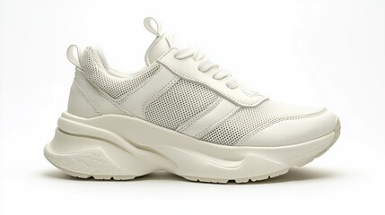 White chunky sneakers, side view, isolated on white background.