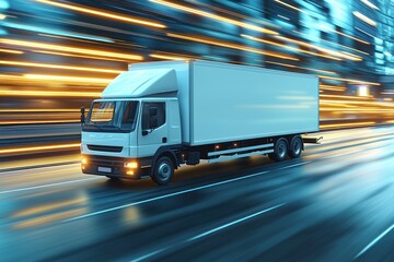 White delivery truck speeding on highway at night with blurred lights.