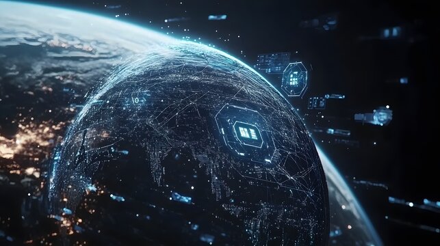 Global Data Visualization: Earth Sphere and Digital HUD with Icons for Big Data Analysis - Powered by Adobe