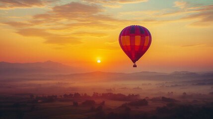 Fototapeta premium Hot air balloon flying over misty landscape at colorful sunrise