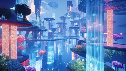Hyper-Modern City with Glass Towers and Floating Platforms, Lit by Neon Rain