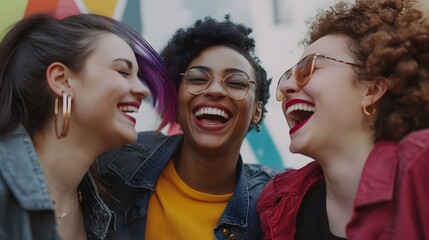 Fototapeta premium Three friends share a joyful moment, laughing together against a vibrant backdrop, showcasing genuine connection and carefree happiness.