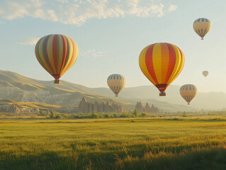 Fototapeta premium Colorful hot air balloons flying over green valley at sunrise