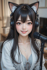 Charming anime character with cat ears recording music at home studio