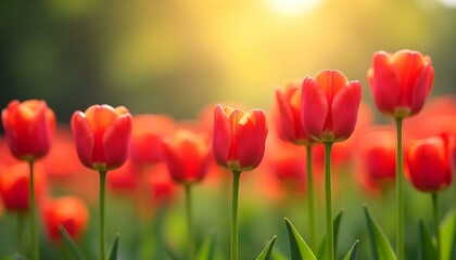 A digital painting of a row of red tulips in a field, with a bokeh effect in the background