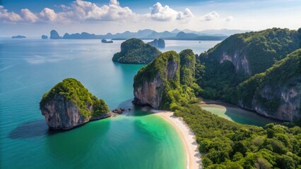 Khao Lak Beach Phang Nga Thailand Andaman Sea Aerial view of a tropical coastline with lush greenery and tranquil turquoise waters.