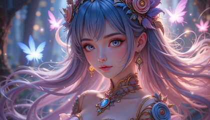 Enchanting fairy in a mystical forest surrounded by shimmering butterflies at twilight