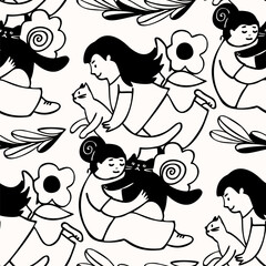Seamless pattern with girls and cats. Monochrome vector illustration.