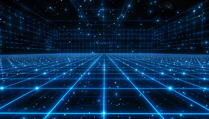 futuristic digital grid with glowing blue lines creates sense of depth and infinite space, evoking high tech, virtual environment. starry background adds cosmic feel