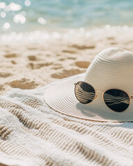 Straw hat and sunglasses on towel by sandy beach