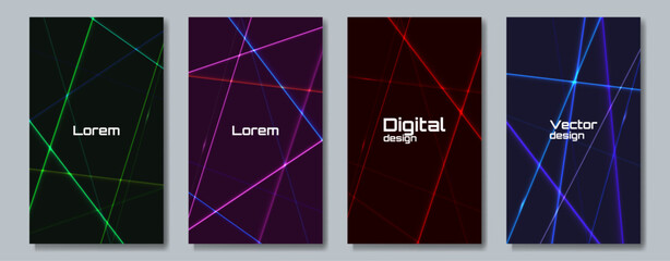 Set of neon vector poster. Dark backdrop with bright neon lines. Design for poster, cover, background, banner, invitation.