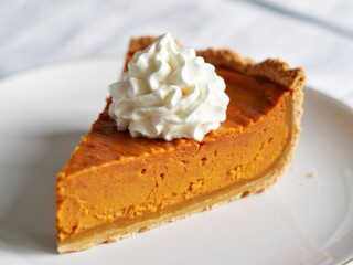 Delicious pumpkin pie slice topped with creamy whipped cream served on a white plate