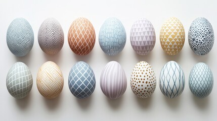 Fototapeta premium Pristine easter eggs displayed on white background with geometric patterns