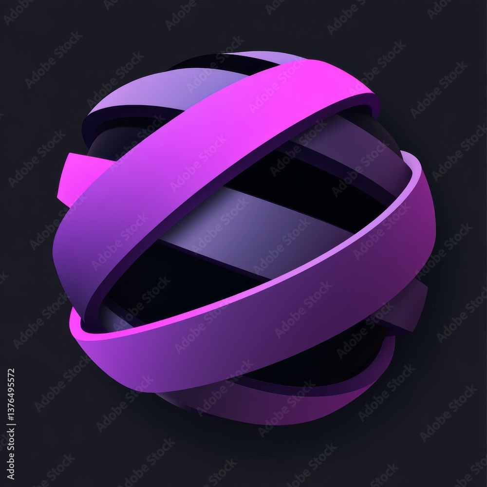 Poster Abstract Sphere Intertwined with Ribbons in Purple and Gray Hues on a Dark Background, Dynamic Modern Design