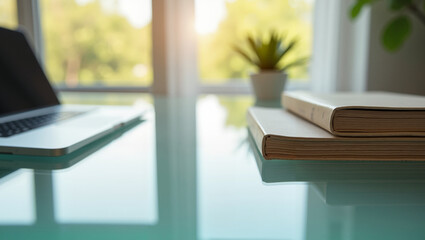 Minimalist workspace with books and laptop in natural light  