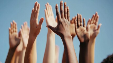 Diverse Hands Raised High Against a Blue Sky