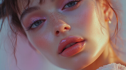 Woman with glossy lips and pink makeup in soft lighting close-up