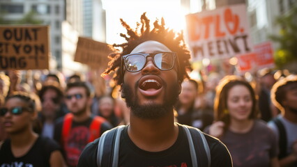 A peaceful protest unfolds as a diverse group of demonstrators marches down the city street, holding signs with powerful messages