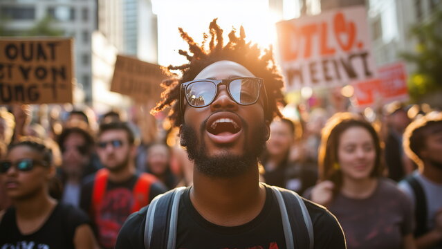 A peaceful protest unfolds as a diverse group of demonstrators marches down the city street, holding signs with powerful messages