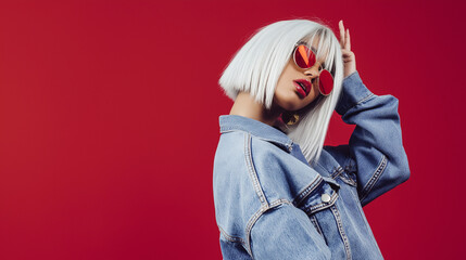 Fototapeta premium Stylish woman in bold fashion pose with platinum bob and denim jacket against red background for edgy urban lifestyle and fashion magazine covers or influencer branding campaigns