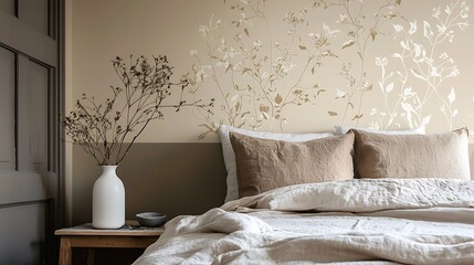 A bedroom with a white wall and a floral wallpaper