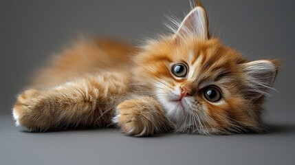 Fototapeta premium Fluffy Persian cat lying on back with big eyes and tiny ears against solid grey background. Cute expression, domestic animal concept, pet care, feline portrait, soft fur details, playful posture.