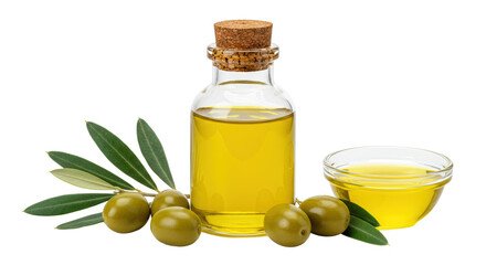 Isolated Olive Oil Bottle and Bowl