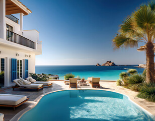 Fototapeta premium stunning coastal villa features elegant Mediterranean architecture, a crystal-clear infinity pool, lush palm trees, luxurious outdoor seating, and breathtaking panoramic views of the ocean under a vib